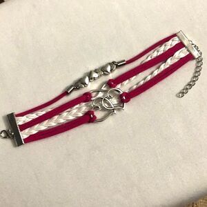 Heart Braided PU Leather Wrap Charm Bracelet Pink White